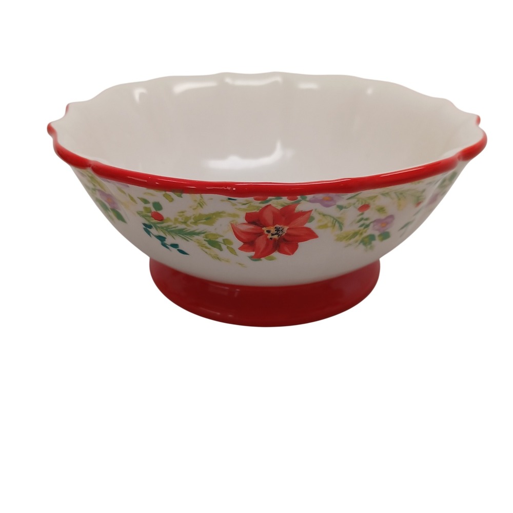 The Pioneer Woman Holiday Cheer Floral Footed Stoneware Bowl Red Scalloped 6.5"